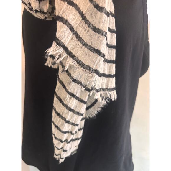 Sheer Cream Black Striped Scarf Raw Hem Spring Fall Transition Minimalist - Picture 2 of 2